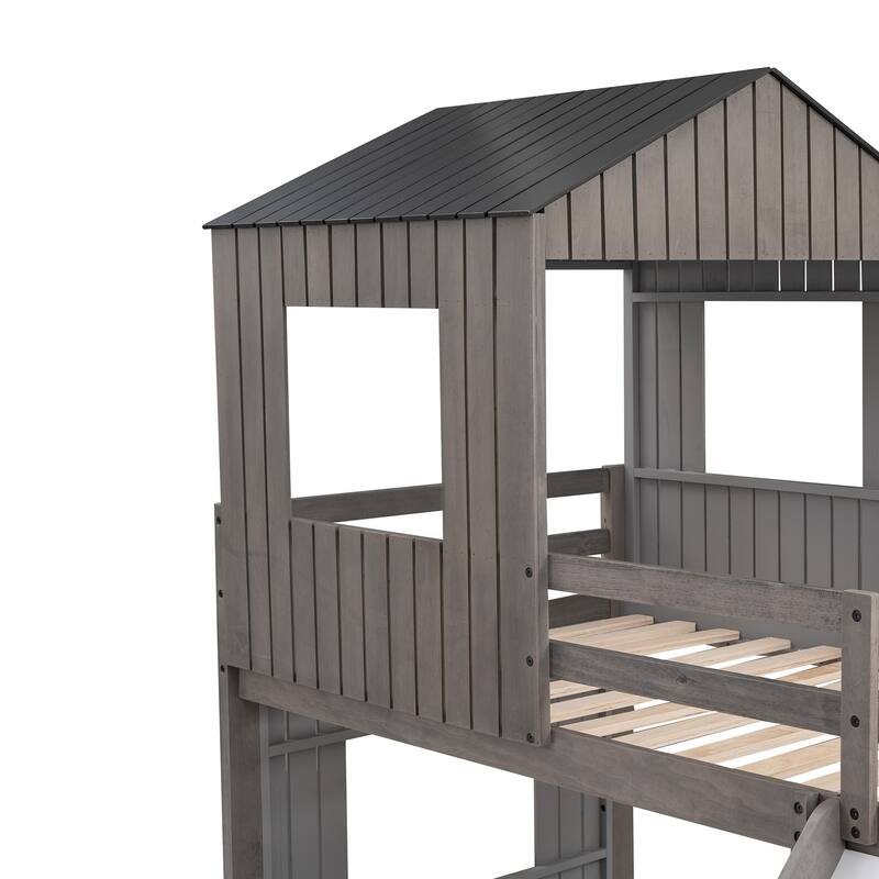 Nestfair Twin Over Full Bunk Bed Loft Bed with Slide and Guardrails