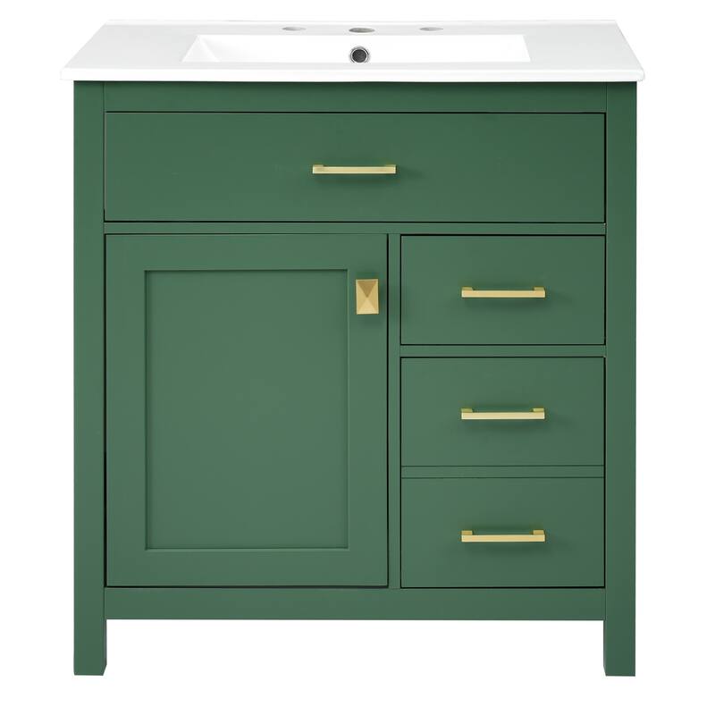 30-Inch Blue Bathroom Vanity with Ceramic Undermount Sink, 1 Soft-Close Door, 3 Storage Boxes, and Gold Handles