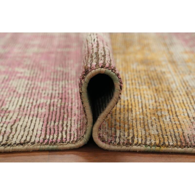 Hand Knotted Oriental Viscose Silk Carpet Modern Abstract Pink Abstract Area Rug - 8' 7'' X 6' 10''