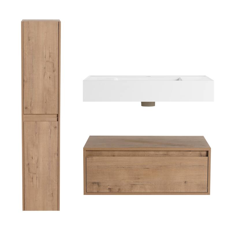 30" Wall-Mounted Bathroom Vanity with Resin Sink, Soft-Close Drawer & Adjustable Side Cabinets, Easy Assembly
