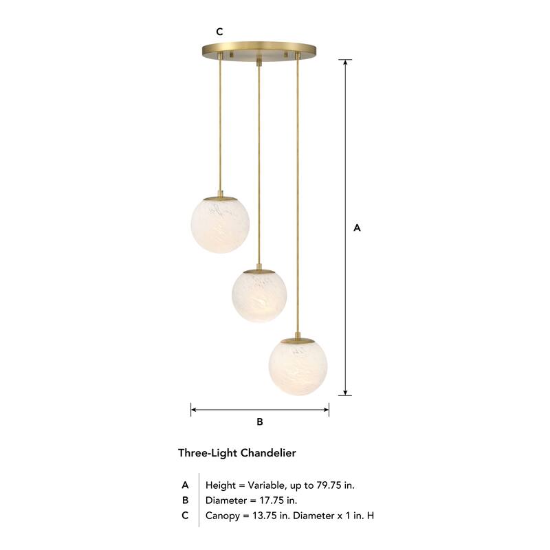 Pixie 3-Light Brushed Gold Modern Globe Chandelier for Entryways with 7 in. Etched Cloud Glass Shades - 17.75