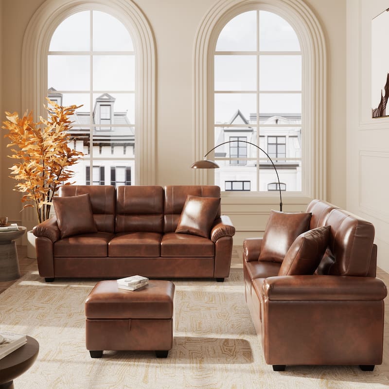 Upholstered Living Room Set, 3 Pieces - Faux Leather Loveseat, Sofa with Ottoman - Brown