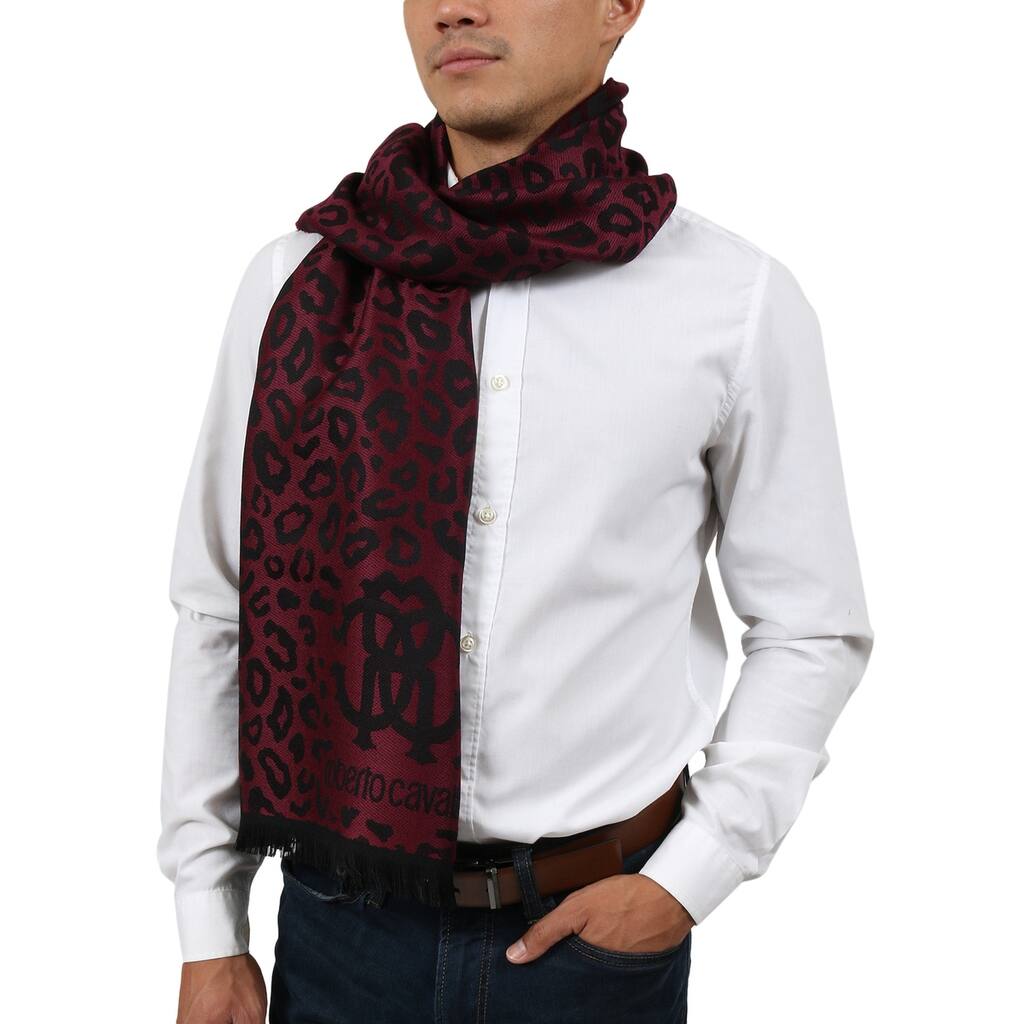 Roberto Cavalli ESZ029 02000 Burgundy Wool Blend Leopard Print Mens Scarf for mens