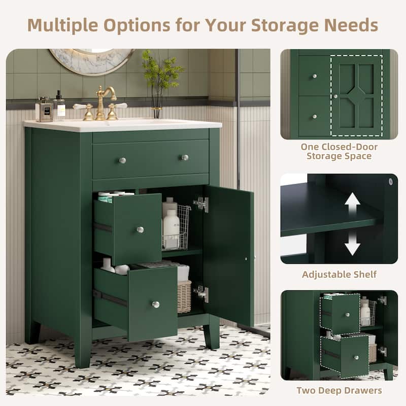 24" Modern Bathroom Vanity with Ceramic Basin Bathroom Storage Cabinet with 2 Drawers