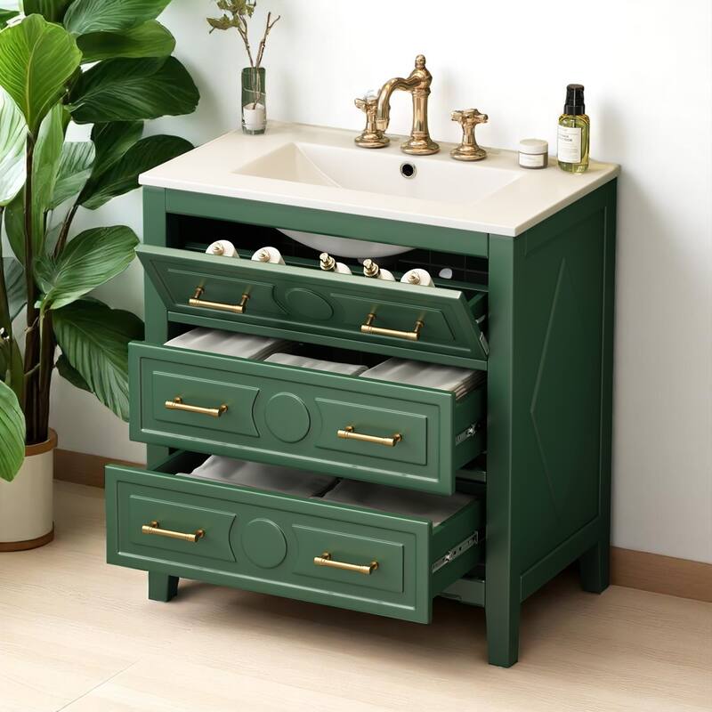 30" Bathroom Vanity with Ceramic Sink, 3 Drawers, Solid Wood Frame,Retro Cabinet, Pre-Drilled for 4" Faucet, Storage Organizer
