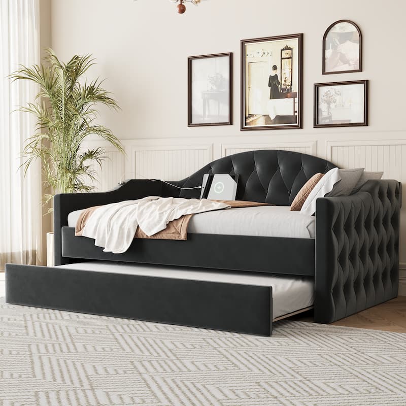 Tufted Upholstered Frame Daybed Velvet Sofa Bed with USB and Type-C Charging Ports, Twin Platform Low Profile Bed with Trundle