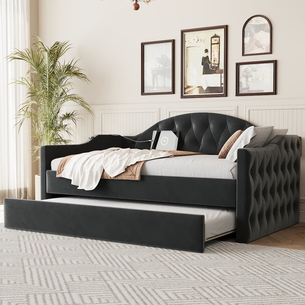 Twin Size Tufted Upholstered Daybed with Trundle ,Velvet Sofabed with USB&Type-C Charging Ports,No Box-spring Needed