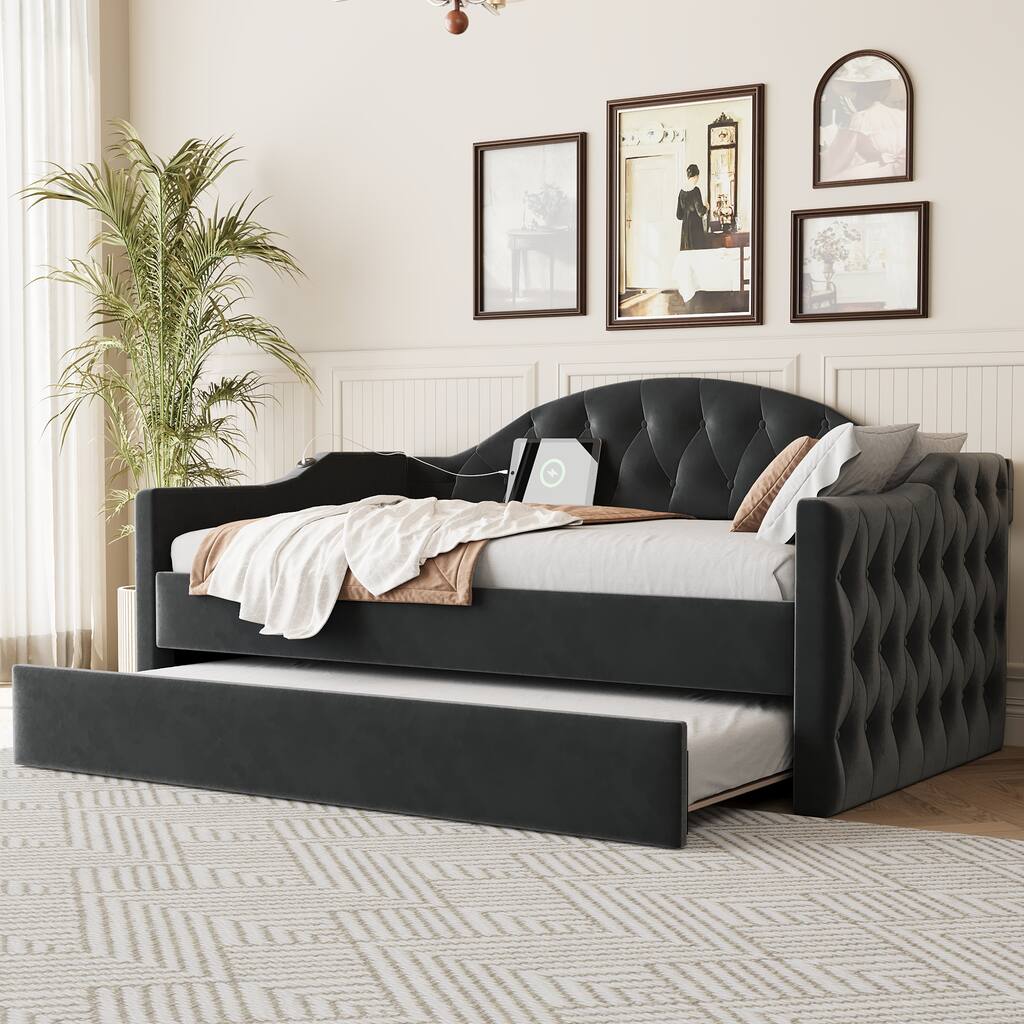 Twin Size Upholstered Daybed with Trundle Bed, Velvet Sofabed with Type-C Port, USB Port, Tufted Frabic, Wood Slat Support