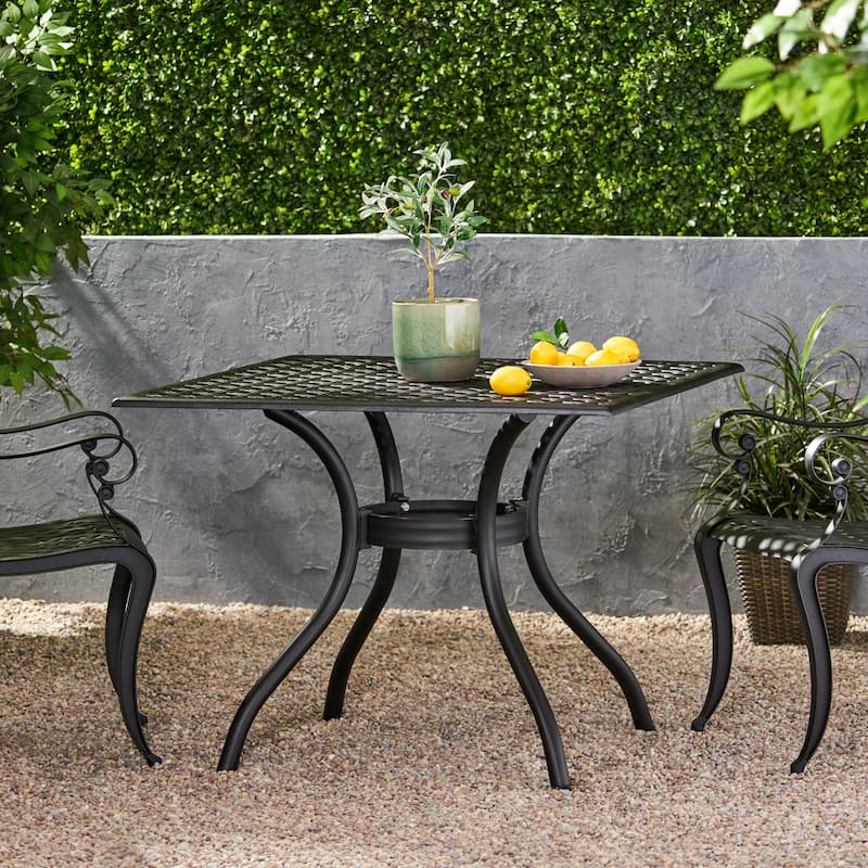 Roomfitters Cast Aluminum Square Outdoor Dining Table with Lattice Design and Curved Legs, Weather-Resistant, Black