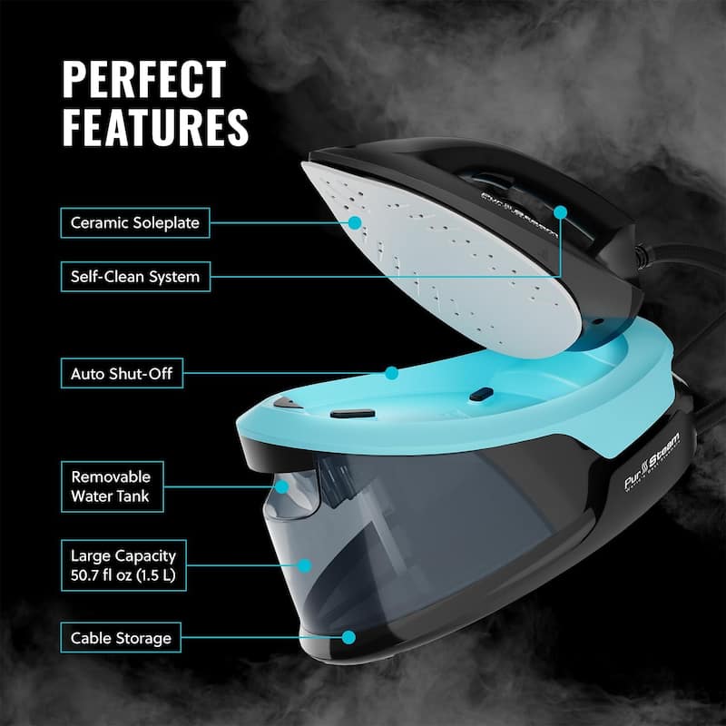 PurSteam Steam Station Max Ceramic Soleplate Steam Iron for Clothes 1500W, 50.7oz Removable Water Tank Iron Steamer