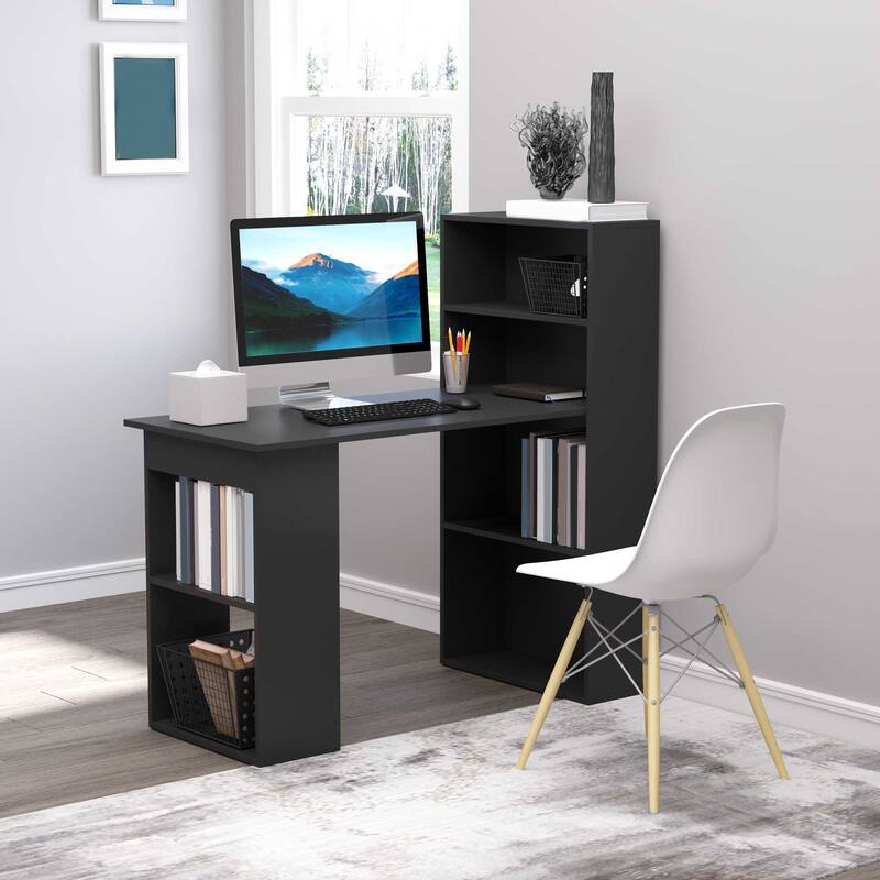Modern Computer Office Desk with 6 Tier Storage Shelves and Side Converged Cabinet, for Home Office or Bedroom - Black