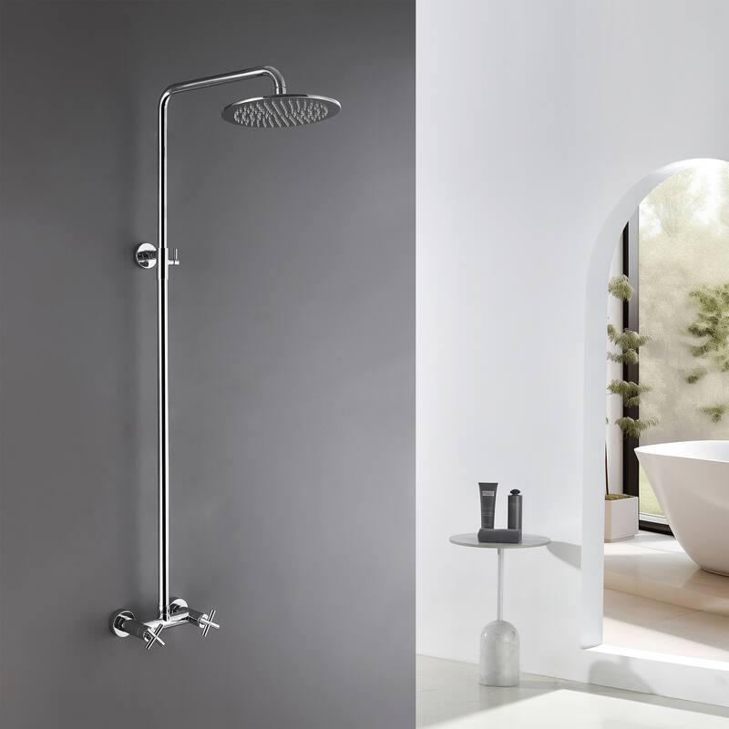 48"H Solid Brass Outdoor 10 Inch Round Rain Shower Set with Dual Cross Handle