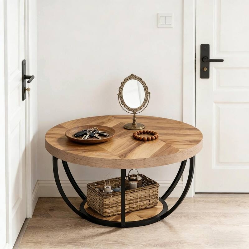 Round 2-Tier Wood Coffee Table with Metal Base for Living Room