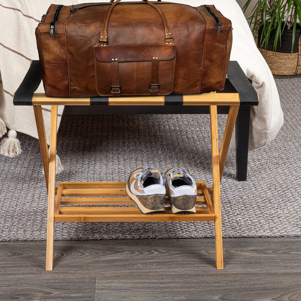 Fully Assembled Folding Luggage Rack with Lower Storage Shelf