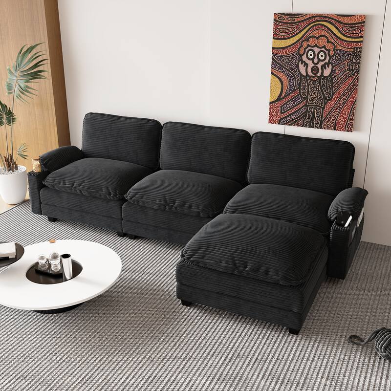 113" L Shaped Sectional Sofa, Deep Seat Cloud Couch with Ottoman, Oversized Corduroy Couch with Cup Holders, Storage Bags - Black