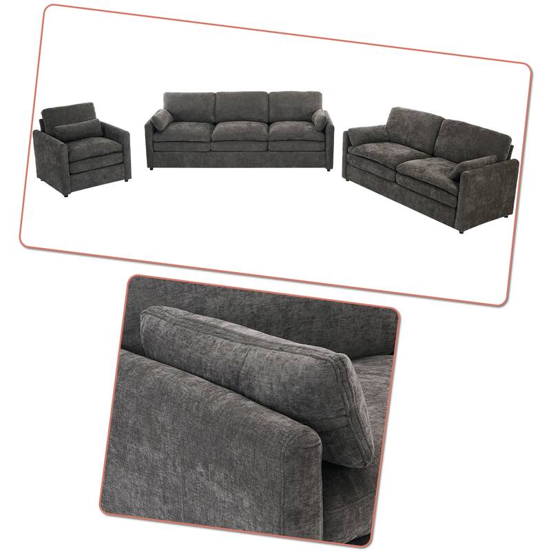 Modern Minimalist Chenille Fabric Upholstered 3-Pieces Living Room Set with a Chair, a 2-Seater Sofa and a 3-Seater Sofa