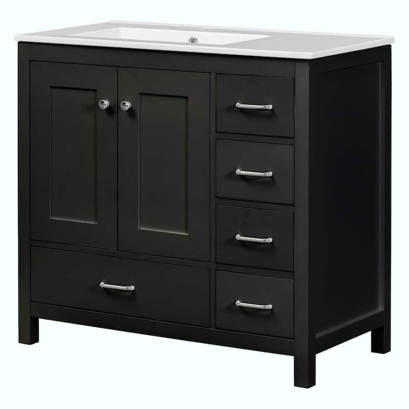 36" White Bathroom Vanity with Ceramic Sink Combo, Ample Storage Cabinet - 2 Soft-Close Doors and 5 Drawers
