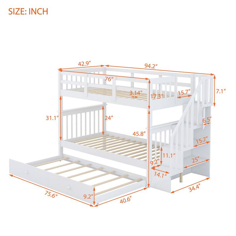 Twin-Over-Twin Bunk Bed with Trundle, White, Pinewood, Storage Shelves, No Box Spring Required