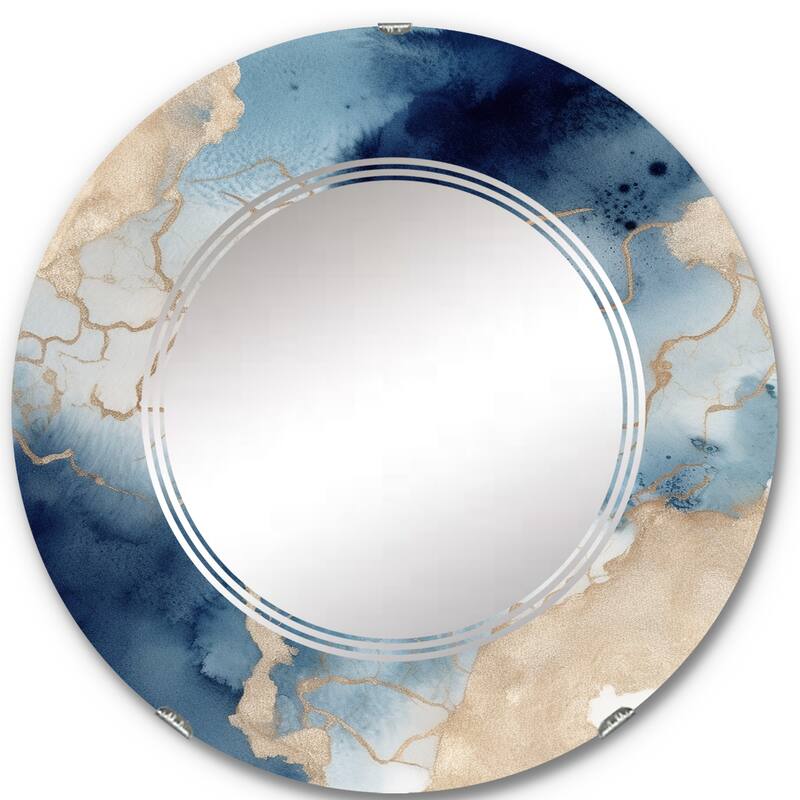 Designart "Blue and Gold Marble Clouds VIII" Fractals Modern Wall Mirror