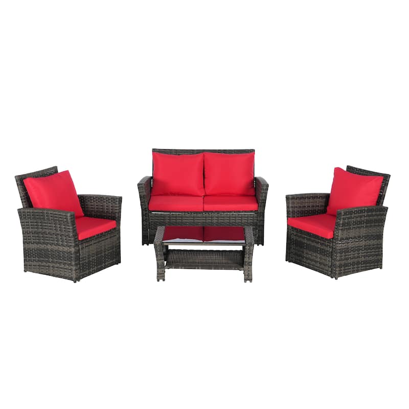 4-Piece Outdoor Patio Rattan Conversation Sofa Set with Tempered Glass Coffee Table