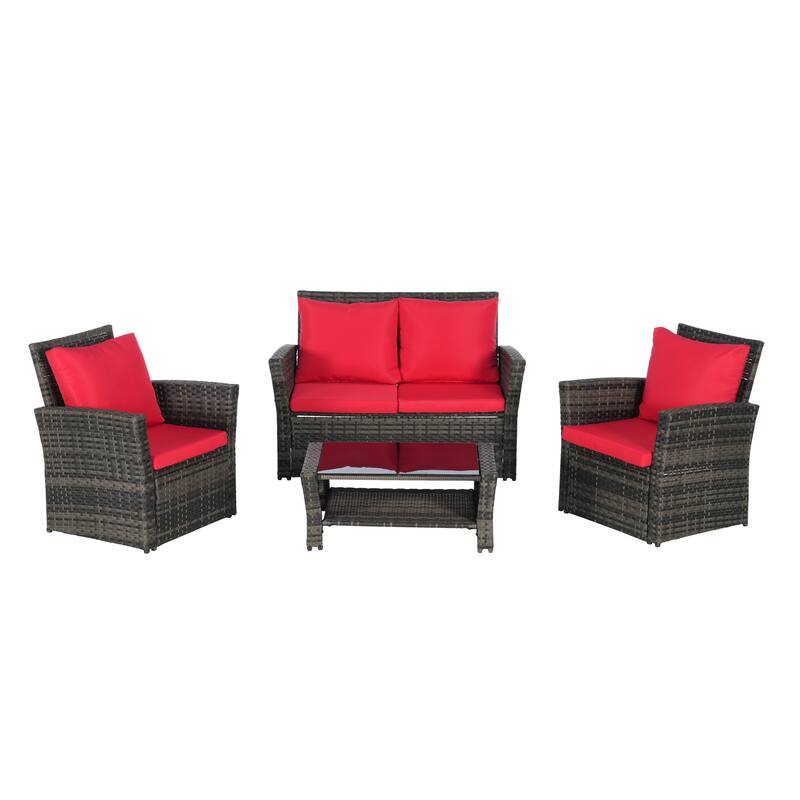 4 Piece Outdoor Rattan Conversation Furniture Sets, All Weather Patio Wicker Chair Set with Tempered Glass Coffee Table