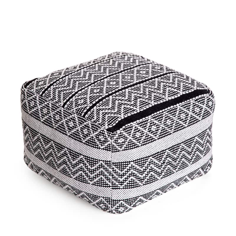 Jani Chouteau 22-inch Square Pouf Ottoman - Handmade Footrest for Living Room, Bedroom, Nursery - Black & Ivory