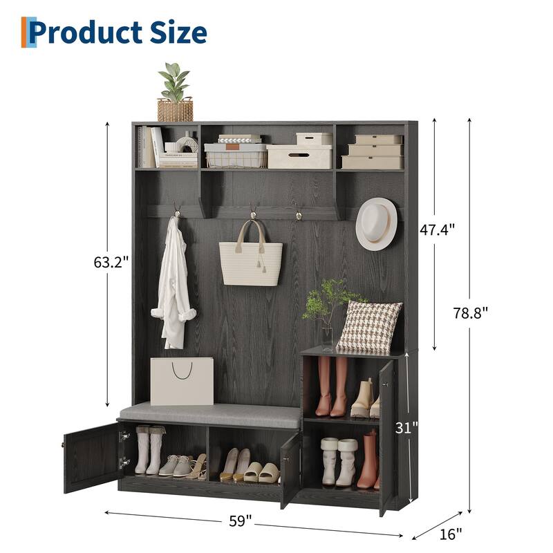 78.7 Inch Tall Hall Tree with Bench and Shoe Storage,Modern Entryway Bench with Coat Rack,4 Hanging Hooks