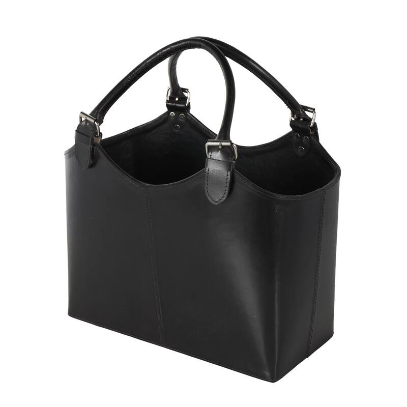 Brown or Black Leather Handmade Box Style Single Slot Decorative Magazine Holder with Detail Stitching and Curved Buckle Handles