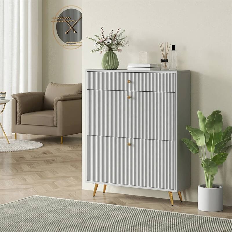 Modern Shoe Cabinet with Flip Storage Drawers and Gold Handles Adjustable Shelves for 12 Pairs - 31.5" W x 9.4" D x 40" H