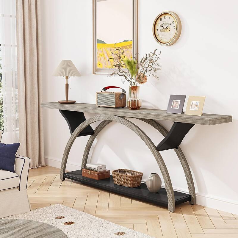70.87" Console Table Sofa Table with Storage Shelf Half Moon Frame - Gray+Black