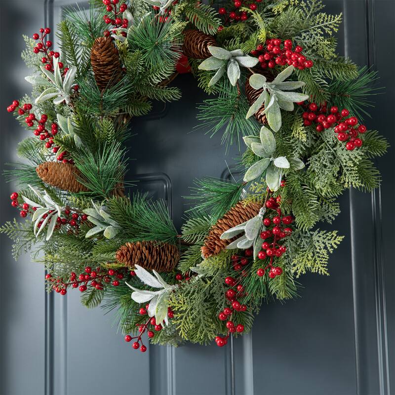 Glitzhome 24"D Christmas Pinecone Berry Wreath with Fabric Santa or Snowman