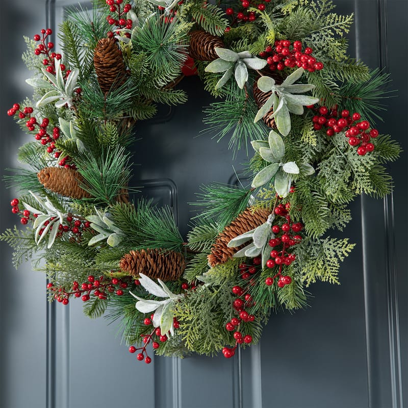 Glitzhome Christmas Berry Pinecone & Bell Teardrop Wreath Door Hanging Decor