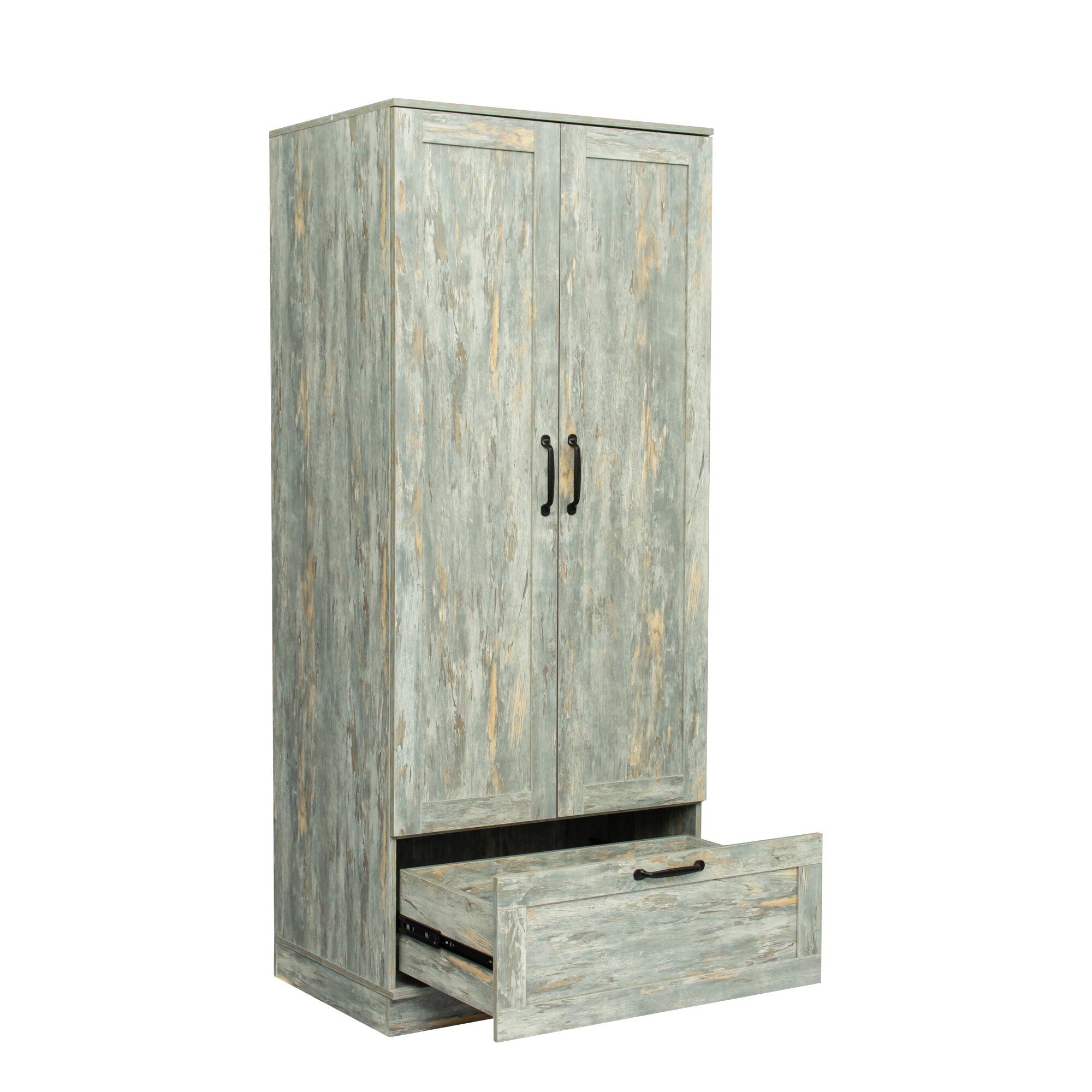 Vintage Wooden Wardrobe with Drawers and Open Compartments, Rustic