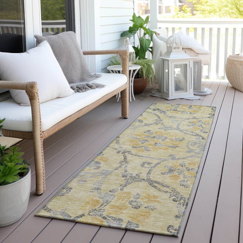 Machine Washable Indoor/ Outdoor Chantille Floral Scroll Rug - Gold - 2'3" x 7'6"