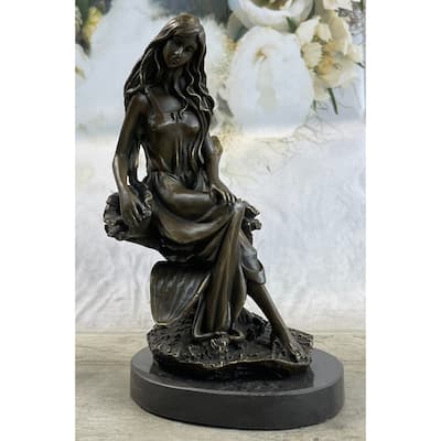 Nymph Girl Sitting On Flower Bronze Statue Sculpture Figure Fantasy 9 Inches X 5 Inches
