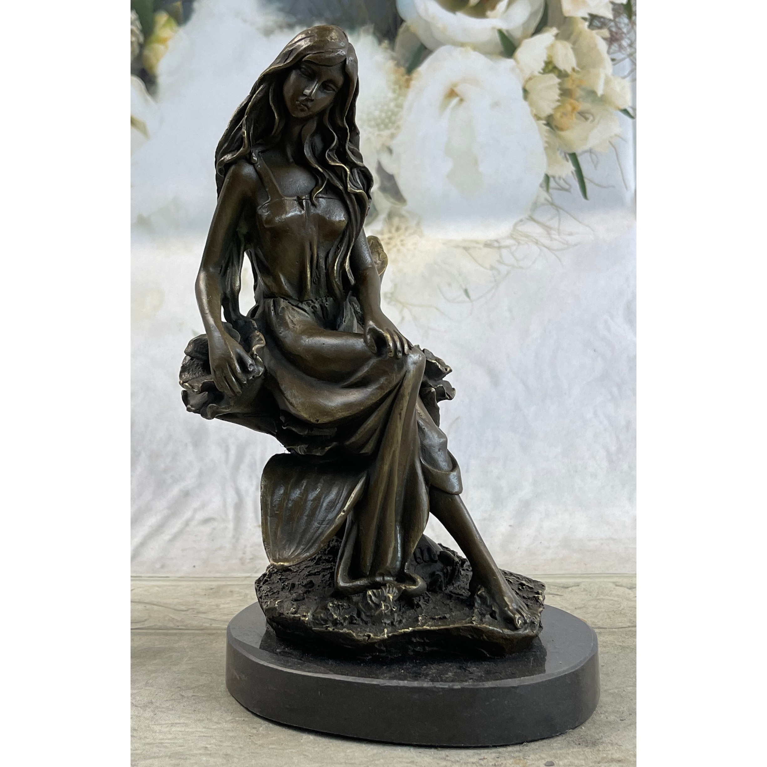 Nymph Girl Sitting On Flower Bronze Statue Sculpture Figure Fantasy 9 Inches X 5 Inches