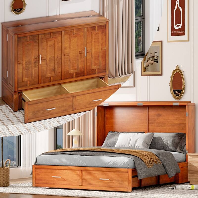Mixoy Modern Murphy Bed Chest with Mattress,Storage Drawer,Charging Station