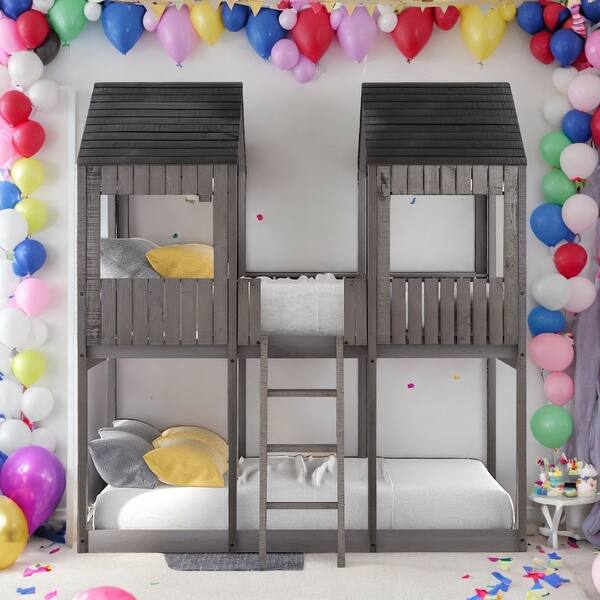 slide 2 of 9, Full Over Full Wood Bunk Bed With Roof,Window,Guardrail And Ladder,Sturdy Construction Antique Grey