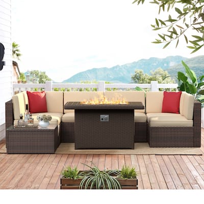 Aoxun 8PCS Outdoor Sectional Sofa Set with 44" Fire Pit Table