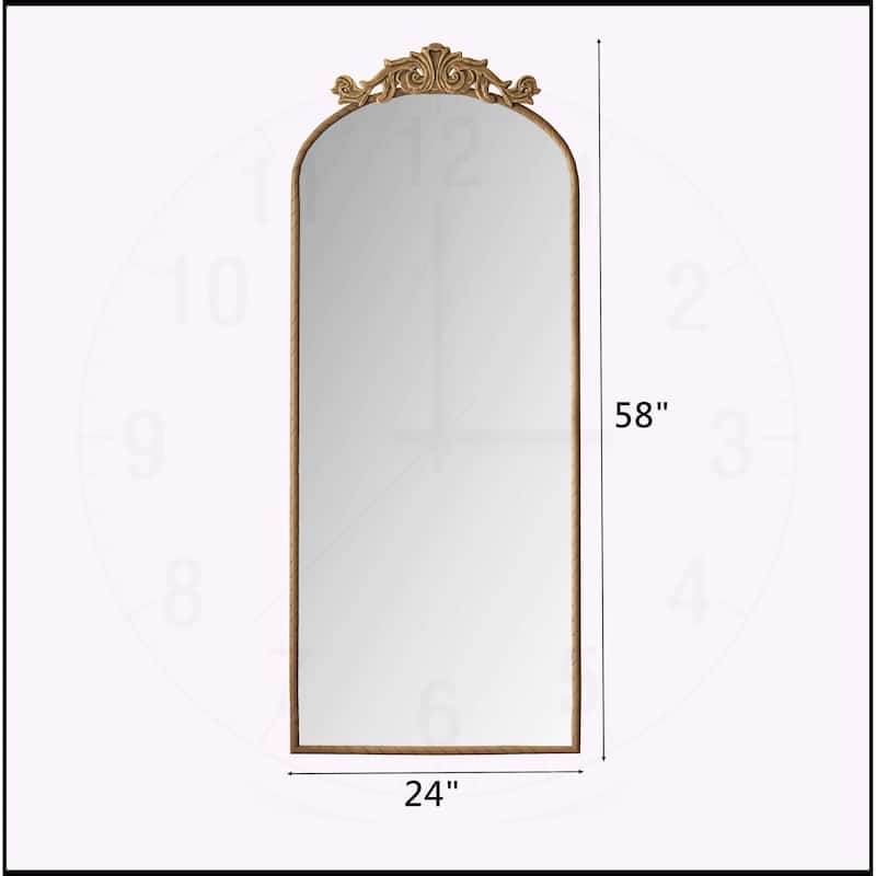 58"x24" Arched Mirror with Vintage Ornate Carved Applique on Top