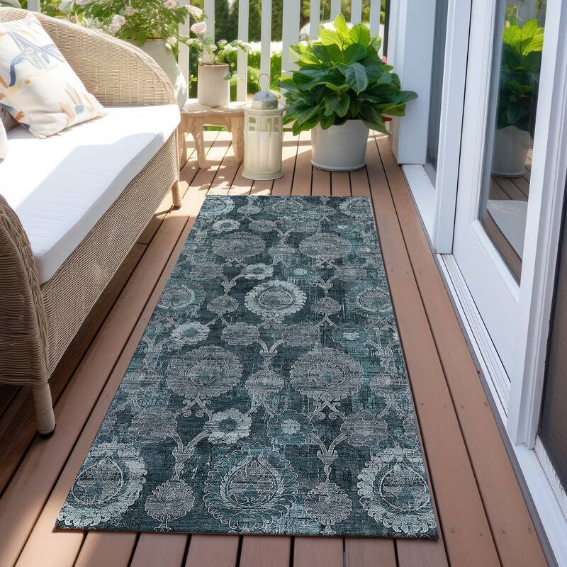 Machine Washable Indoor/ Outdoor Chantille Casual Floral Rug - Teal - 2'3" x 7'6"