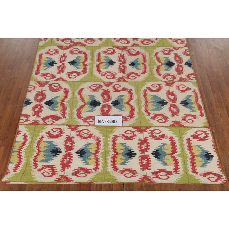 Green Kilim Oriental Area Rug Flatweave Wool Carpet - 5'8"x 8'11"