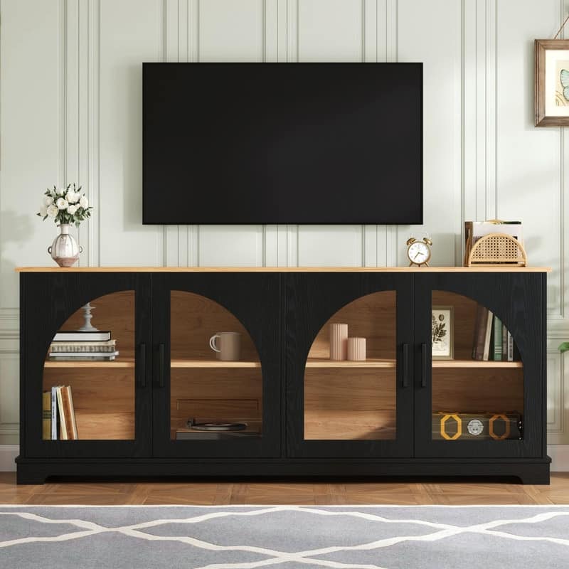 Farmhouse 66.9" TV Stand for TVs Up to 70", Wood Media Console with Adjustable Shelves and Glass Doors - Black