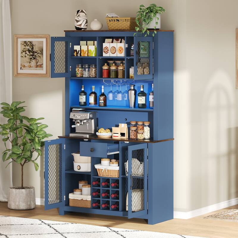 71" Pantry Cabinet, Coffee Bar Storage Cabinet with Charging Station & LED Lights, Tall Kitchen Hutch Cabinet with Wine Rack