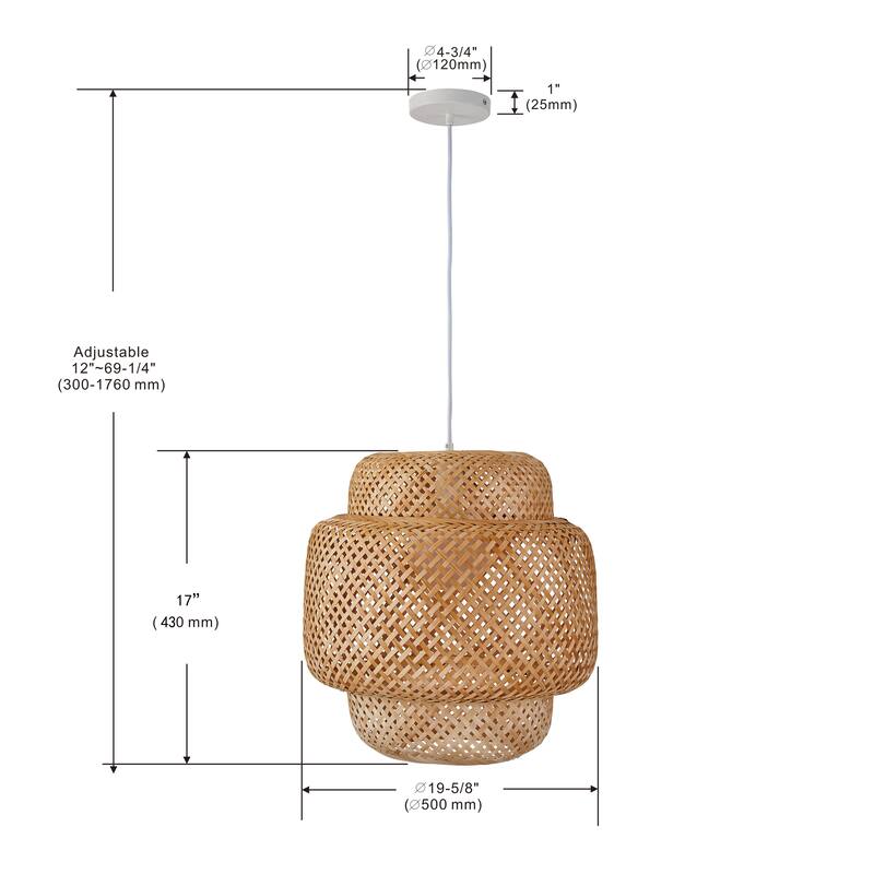 1 Light Caged Chandelier in Natural Rattan and White Cord - 17"H x 19.6"W x 19.6"D - Natural - 17"H x 19.6"W x 19.6"D