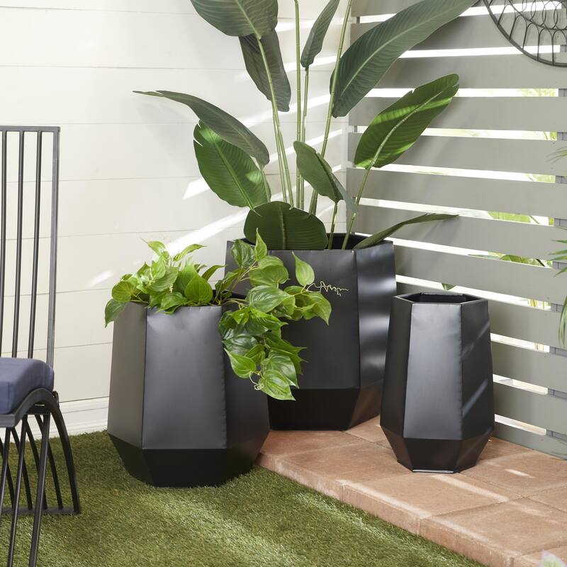 Metal Geometric Hexagon Indoor Outdoor Planter - Set of 3 White, Black, Gray - CosmoLiving by Cosmopolitan