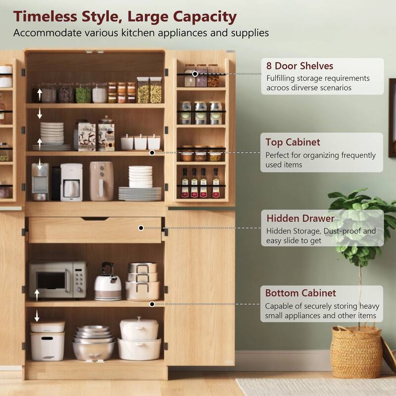 72" Tall Farmhouse Kitchen Pantry Cabinet with 8 Door Shelves