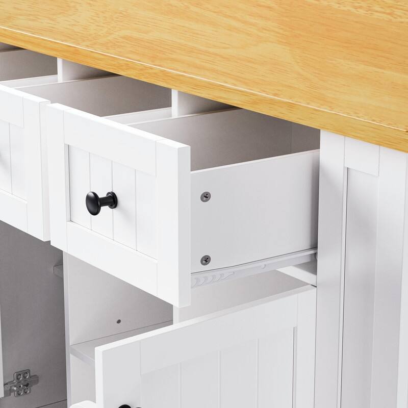 53" Rolling Kitchen Island with Drop Leaf, Power Outlet & Internal Door Storage, 5 Open Side Racks