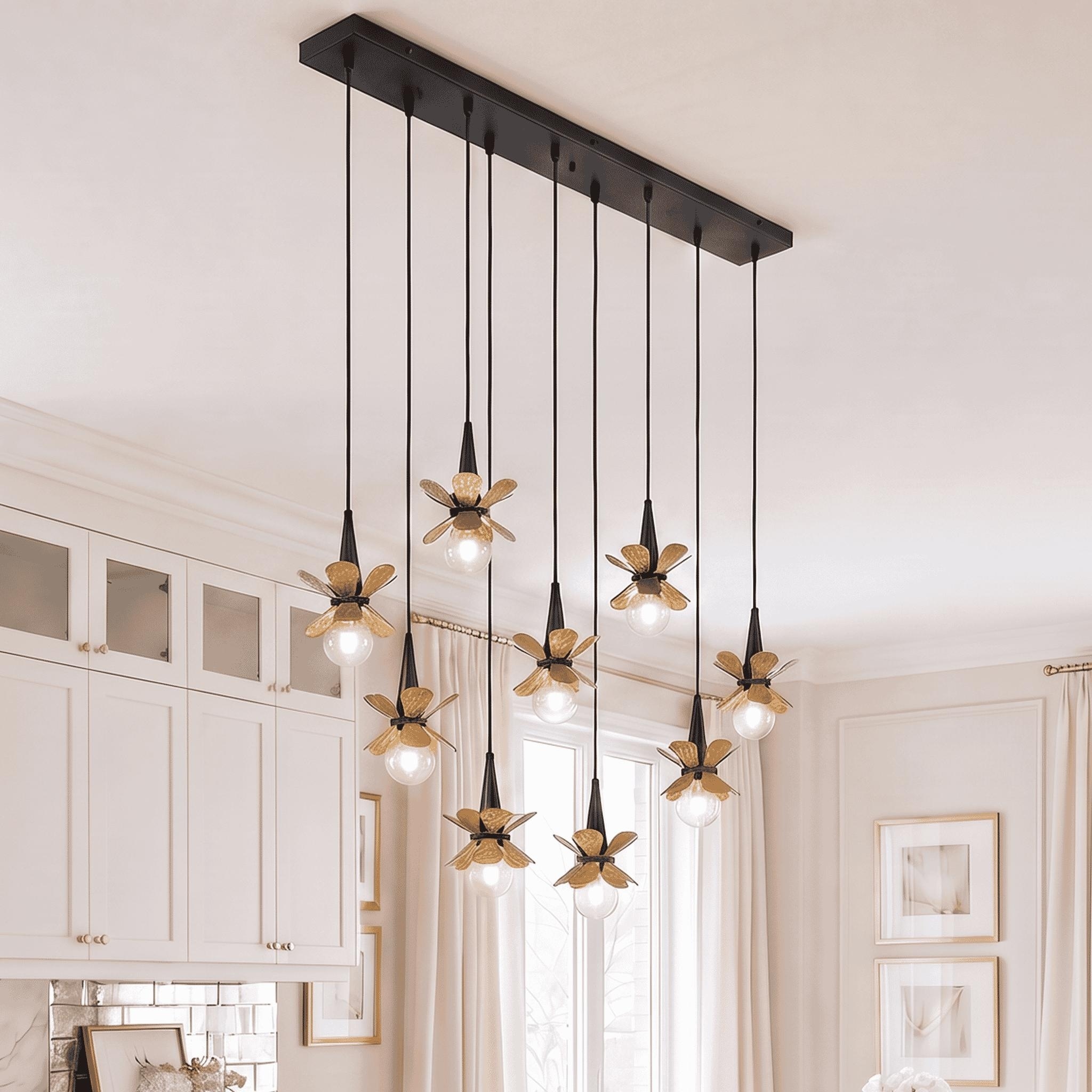 Portinatx 9-Light Linear Chandelier in Satin Black with Hammered Gold
