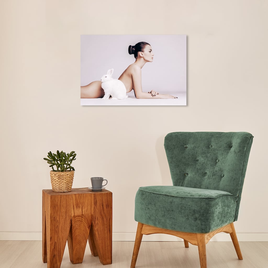 Wynwood Studio Canvas Fashion and Glam Bunny Rabbit Girl White and Light Gray Modern & Contemporary Wall Art Canvas Print